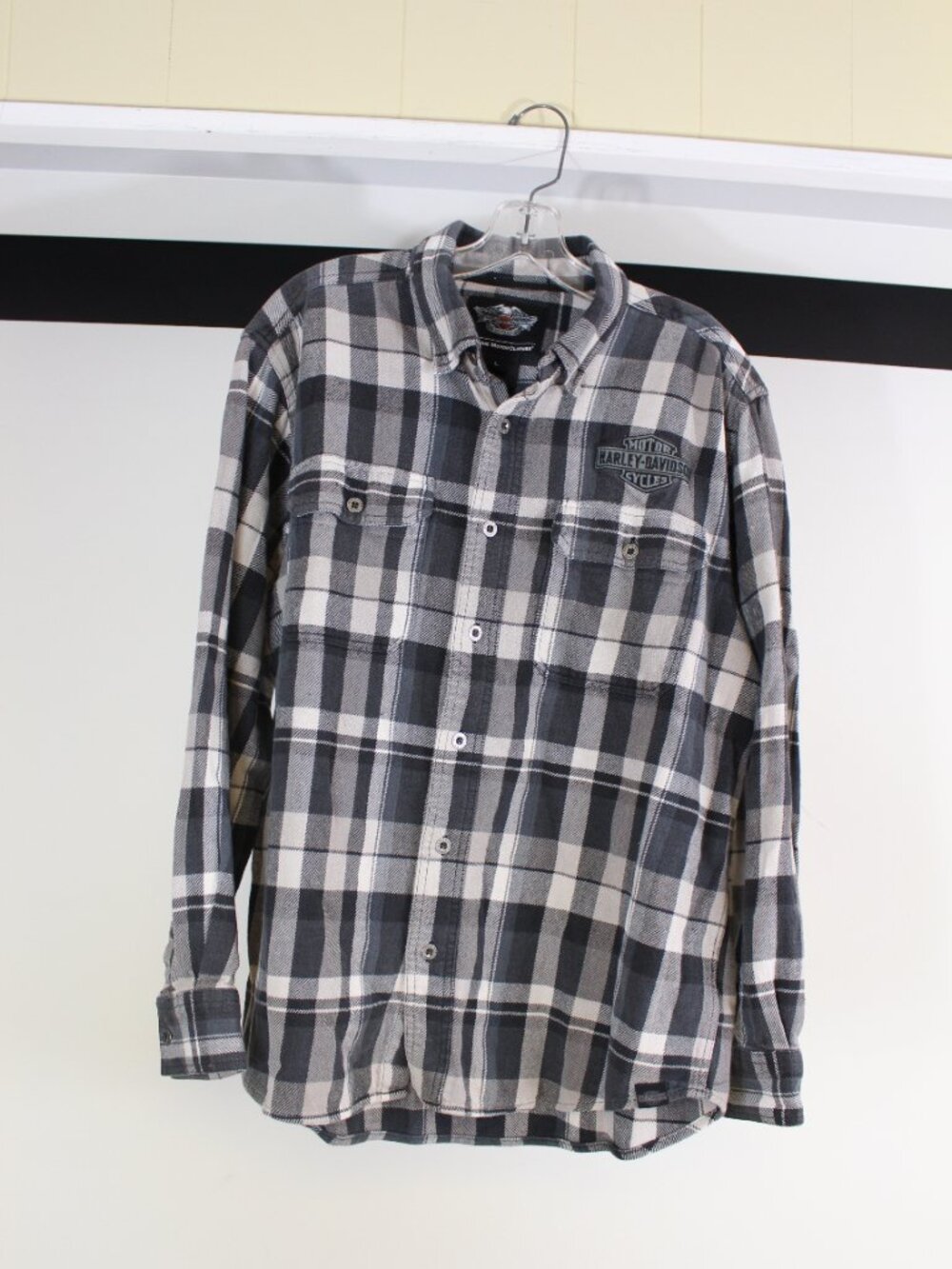 Harley-Davidson Plaid Flannel Shirt L Black White‎ Logo Button Up - Picture 3 of 12